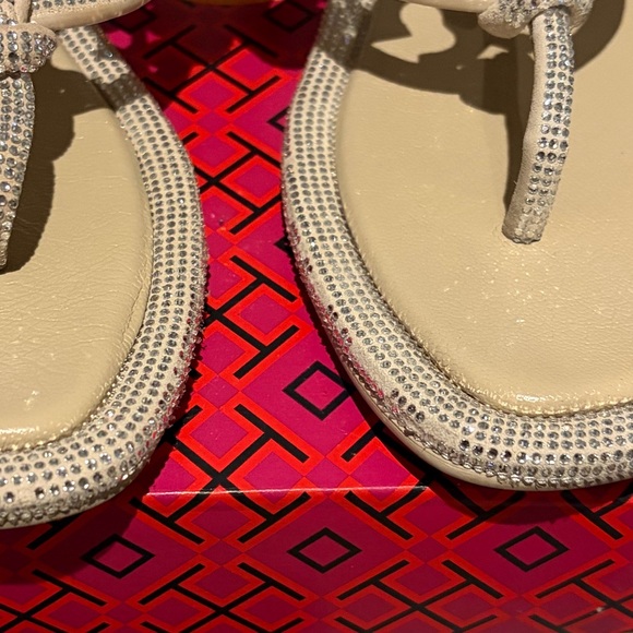 Tory Burch Miller Knotted Pavé Sandals 8.5 Stone Gray Crystal - Picture 7 of 10